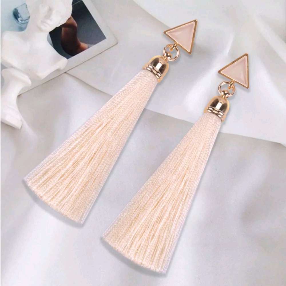 - Cream Tasseled Earrings w/Gold Tone